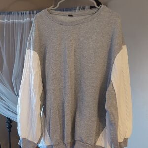 Gray and White Sweater with Cable Knit Sleeves